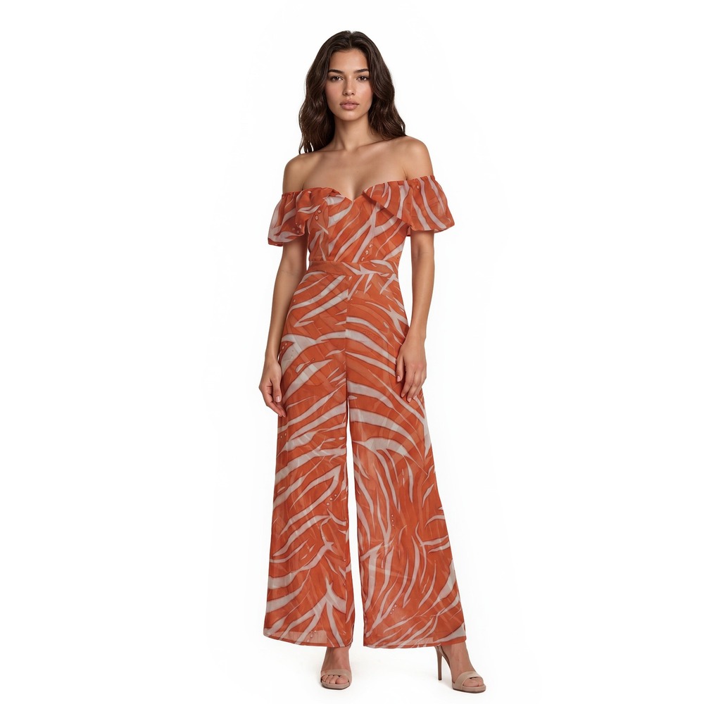 Marciano Guess Jumpsuit Women's Size 2 Orange Cream Abstract Ruffle‎ Wide Leg